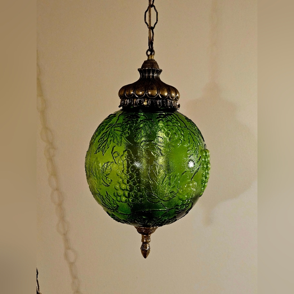 Vintage Glass Hanging GREEN Grape Light Swag Lamp Retro Antique Globe Plug-in